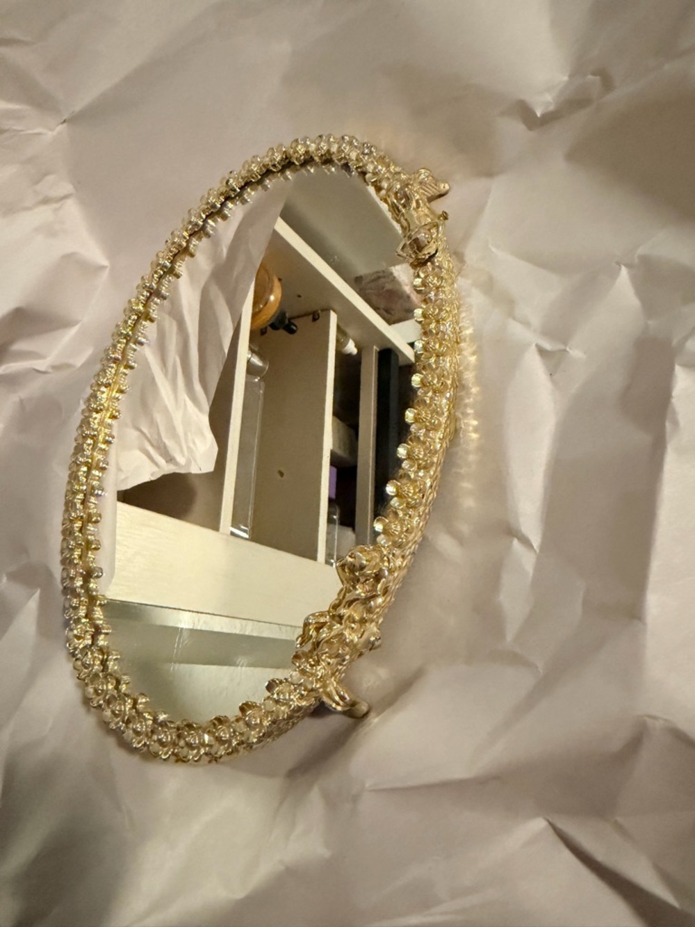 Vintage Sam Fink Cherubs Floral Oval Footed Mirror